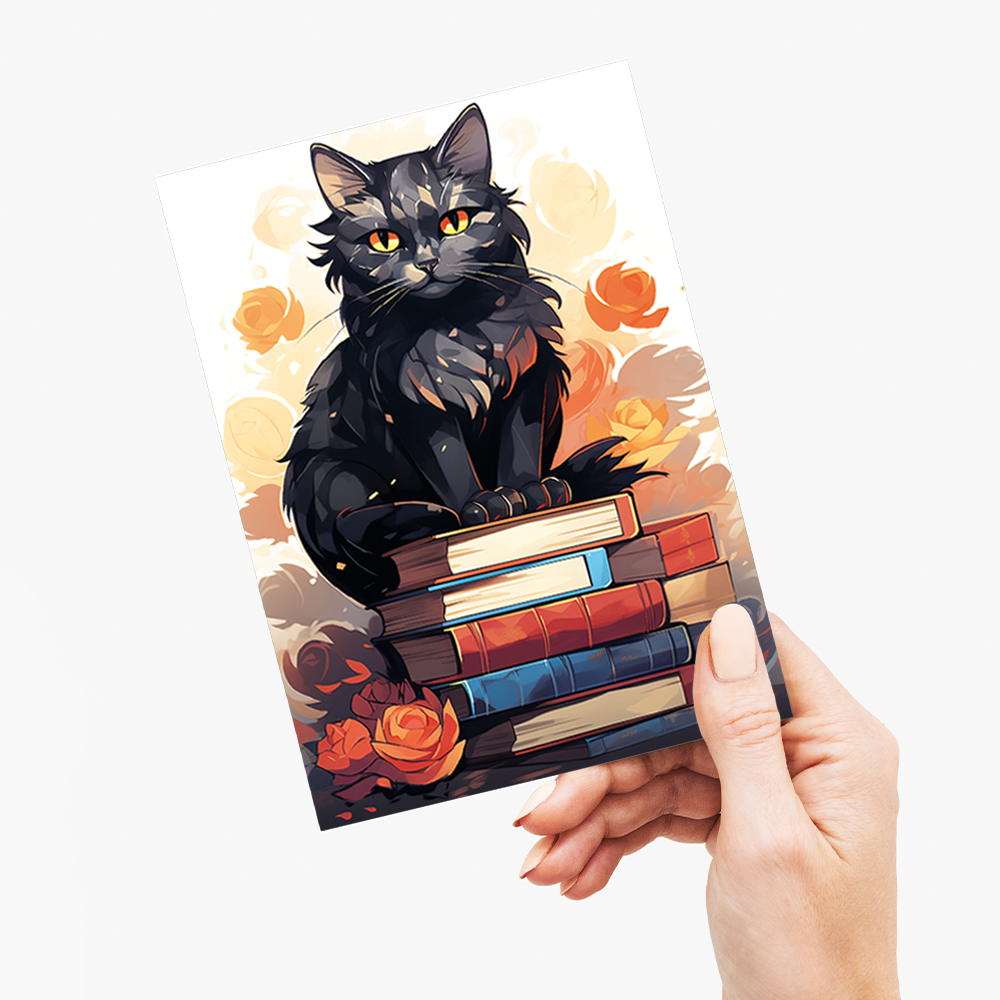Cat on a pile of books (Art Deco) - Greeting Card