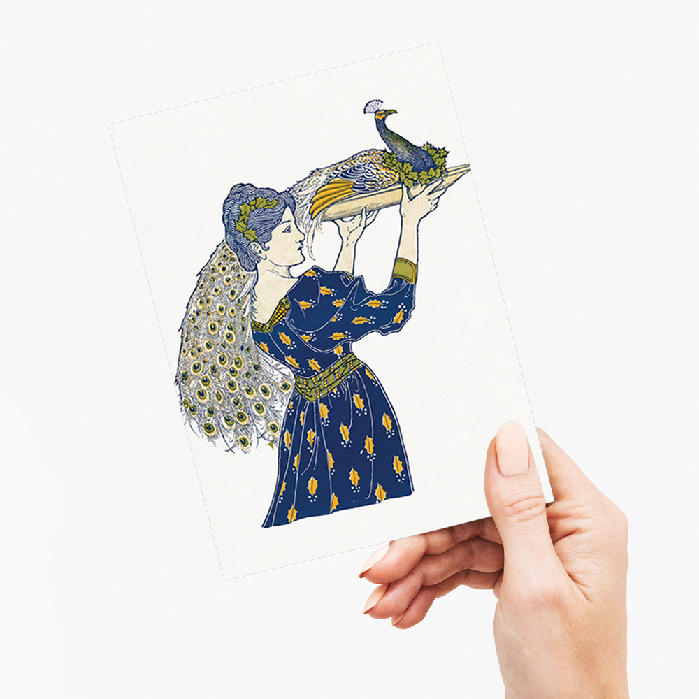 Woman carrying peacock - Greeting Card