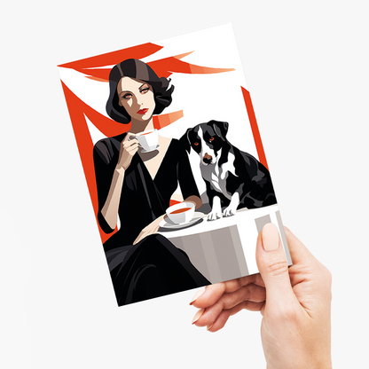Lady drinking coffee with her dog - Greeting Card