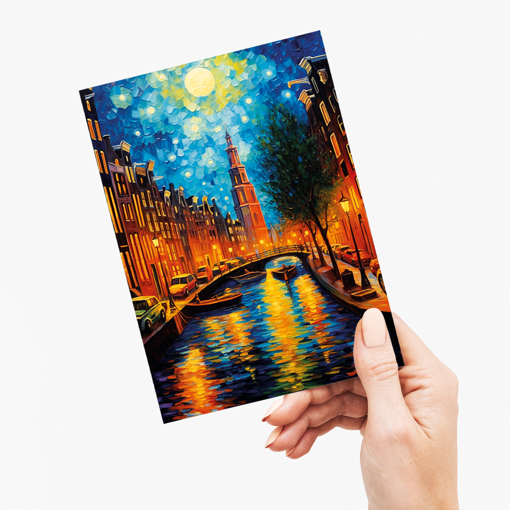Amsterdam at night in the style of Vincent Van Gogh - Greeting Card