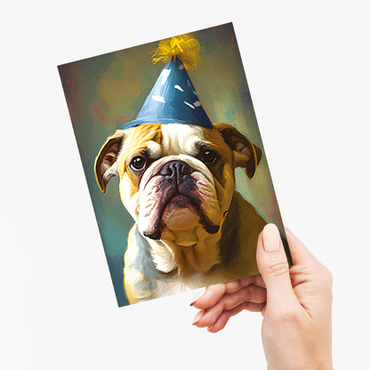 English bulldog with party hat on in Van Gogh style - Greeting Card