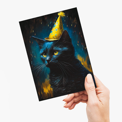 Black cat with party hat on in Van Gogh style - Greeting Card