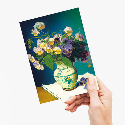 Pansies in a vase in Van Gogh style - Greeting Card