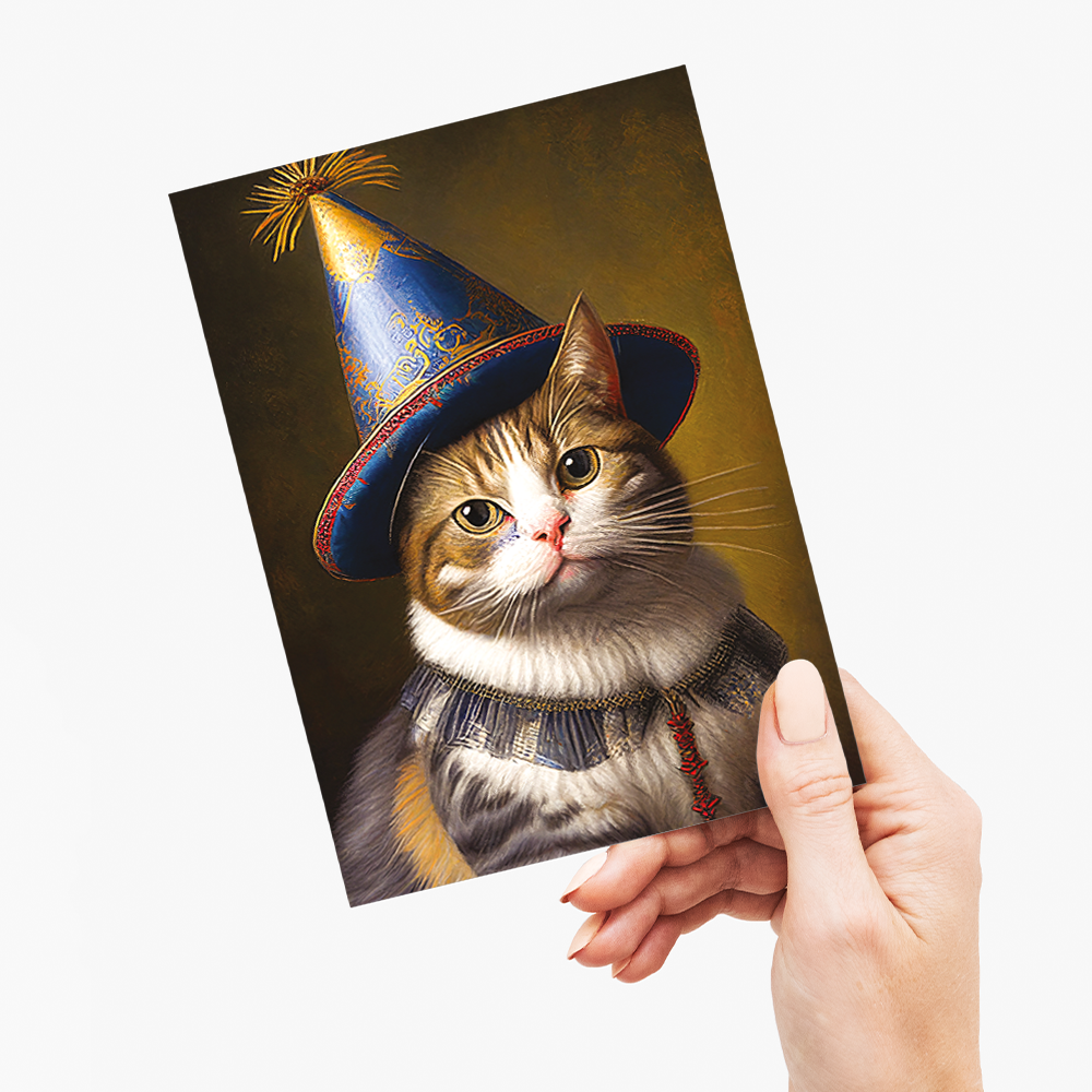 Renaissance portrait of a Cat with a blue party hat - Greeting Card