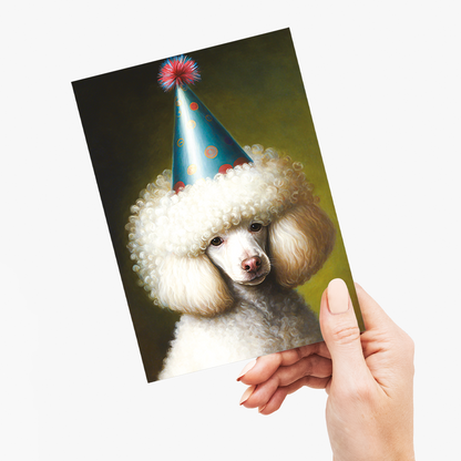 Renaissance painting of a White poodle with a party hat on - Greeting Card