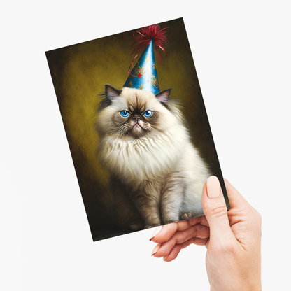 Renaissance painting of a Himalayan Cat Breed with a party hat on - Greeting Card
