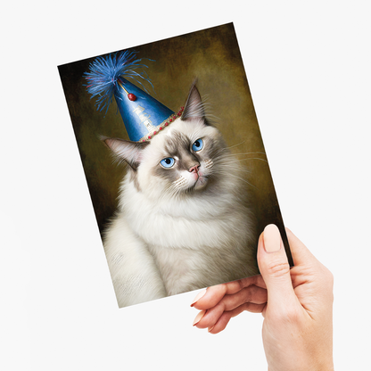 Renaissance painting of a Ragdoll Cat Breed with a party hat on - Greeting Card