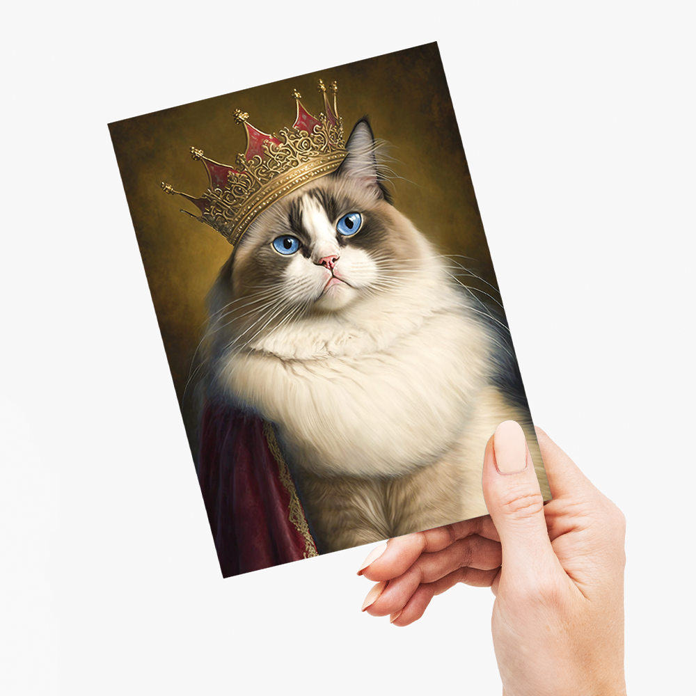 Renaissance painting of a Ragdoll Cat Breed with a queen crown on - Greeting Card