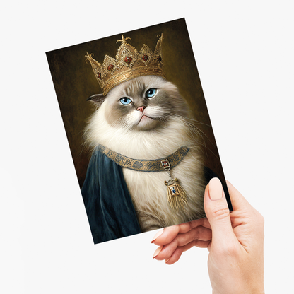 Renaissance painting of a Ragdoll Cat Breed with a Kings crown on - Greeting Card