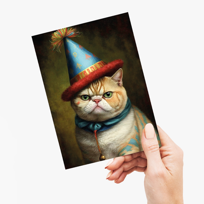 Renaissance painting of an Exotic Shorthair with a party hat on - Greeting Card