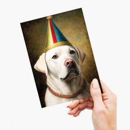 Renaissance painting of a white Labrador with a party hat - Greeting Card