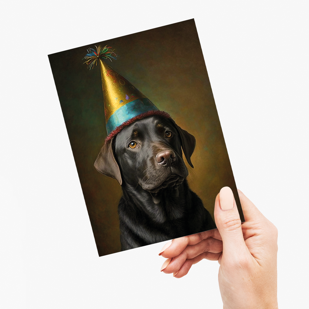 Renaissance painting of a black Labrador with a party hat - Greeting Card