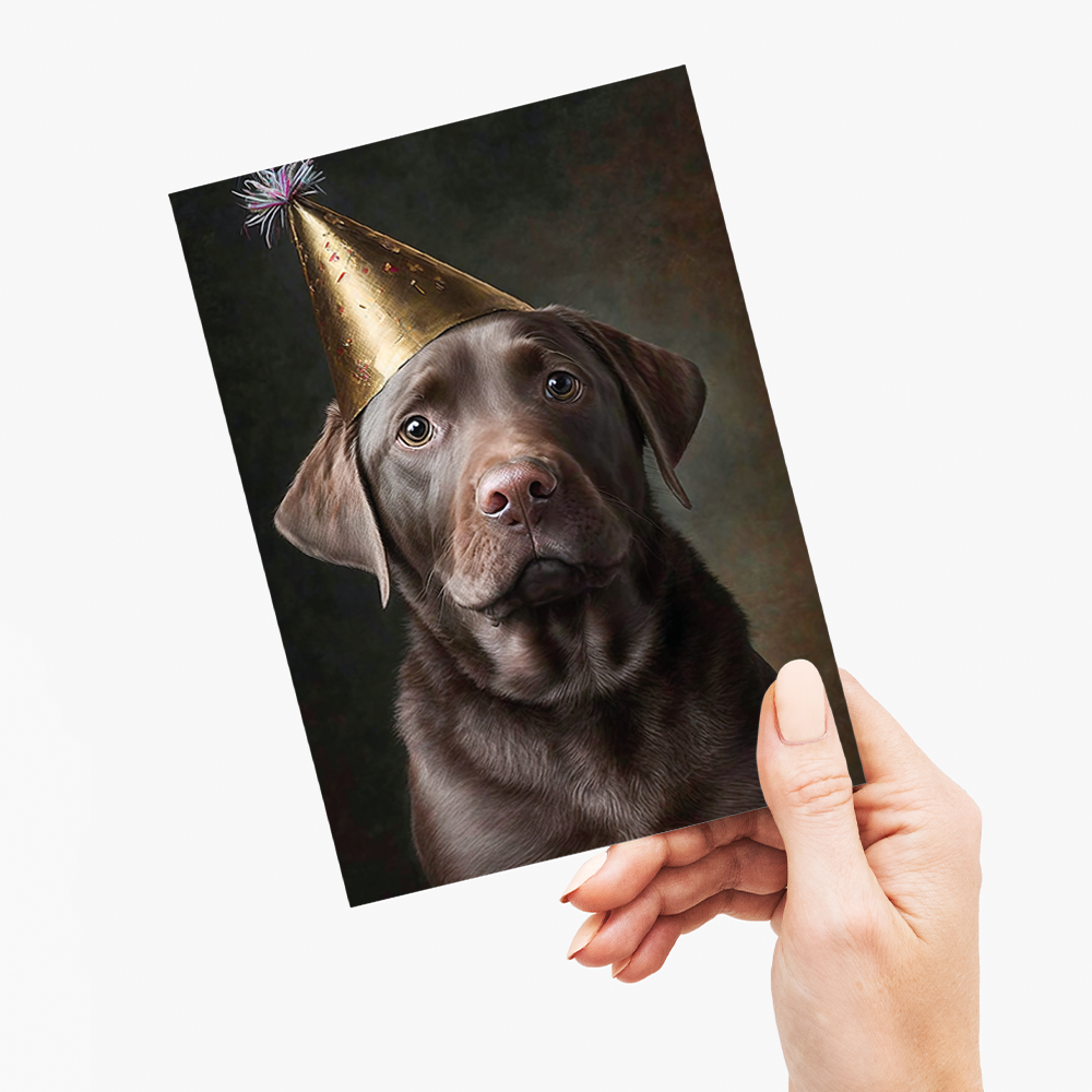 Renaissance painting of a brown Labrador with a party hat - Greeting Card