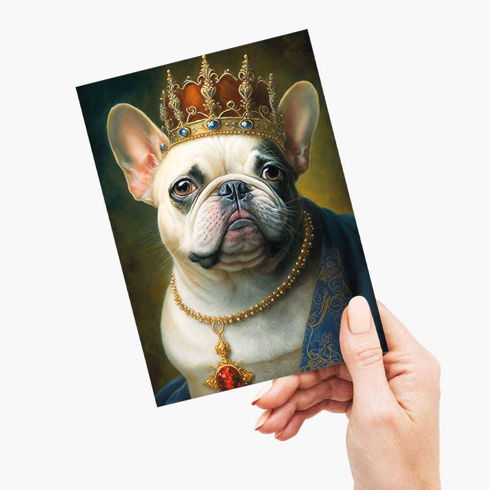 Renaissance painting of a french bulldog as a queen - Greeting Card