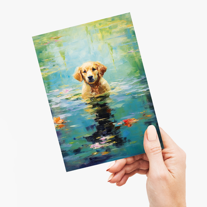 Dog playing in water in Monet style - Greeting Card