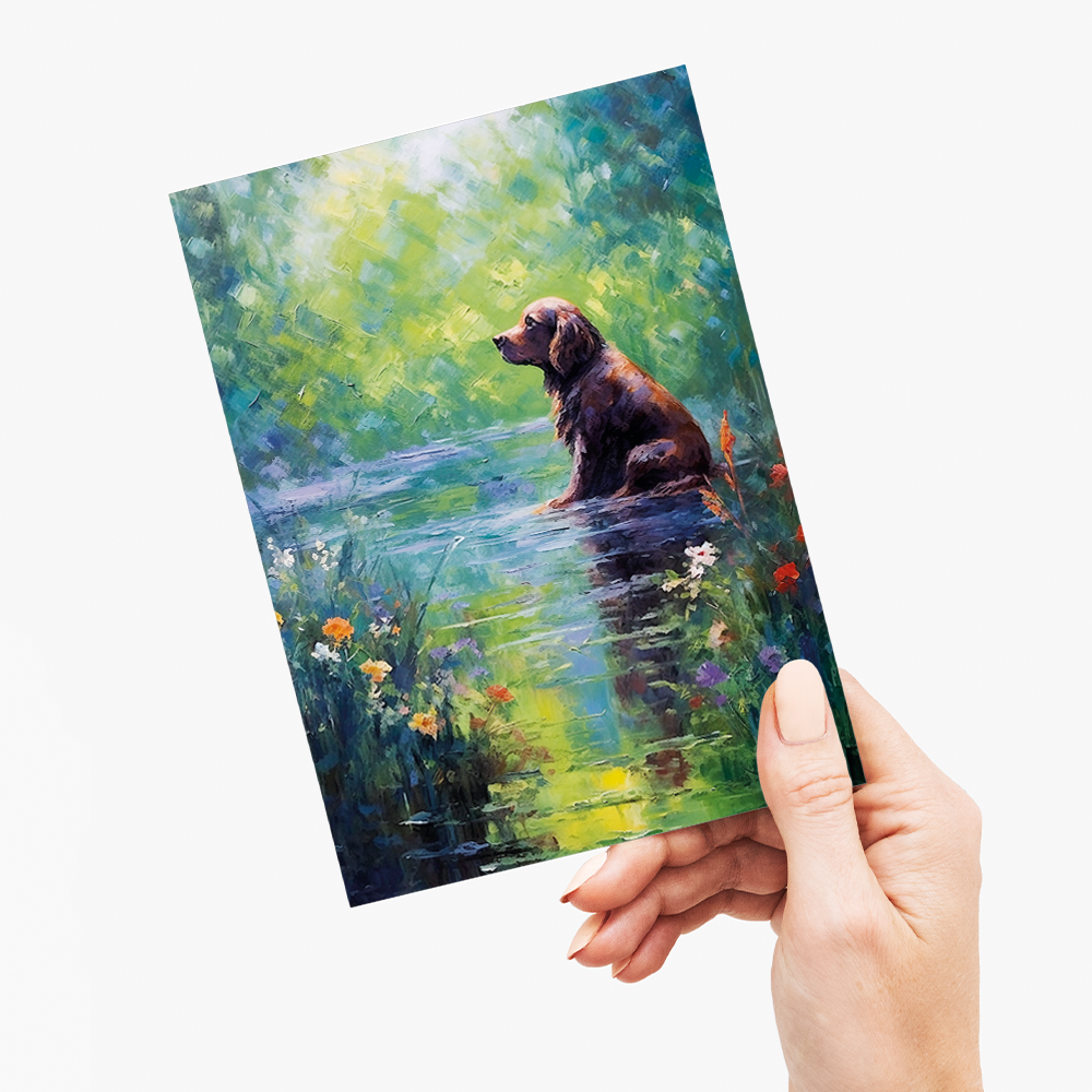 Dog sitting in the garden Moner style - Greeting Card