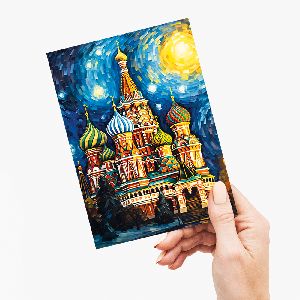 St Basil's Cathedral painting at night in Van Gogh style - Greeting Card