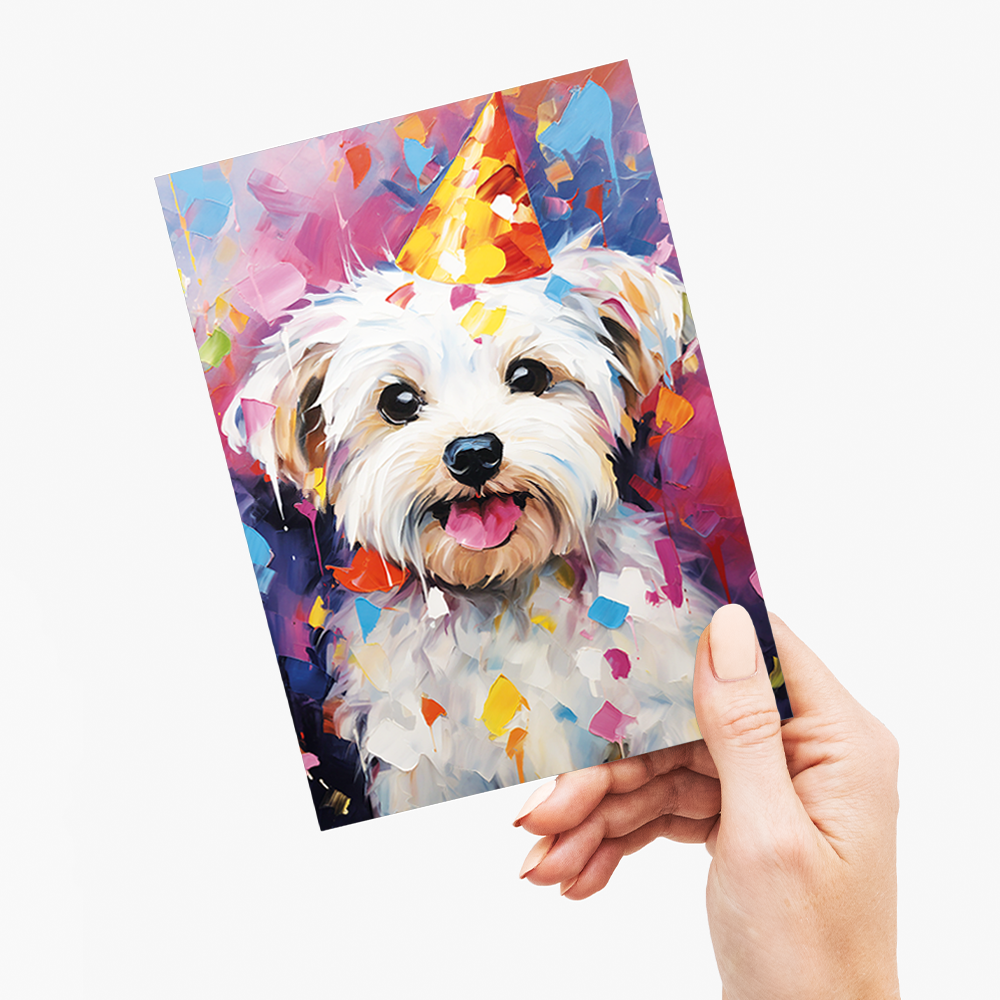 Maltese with wa party hat colourful painting I - Greeting Card