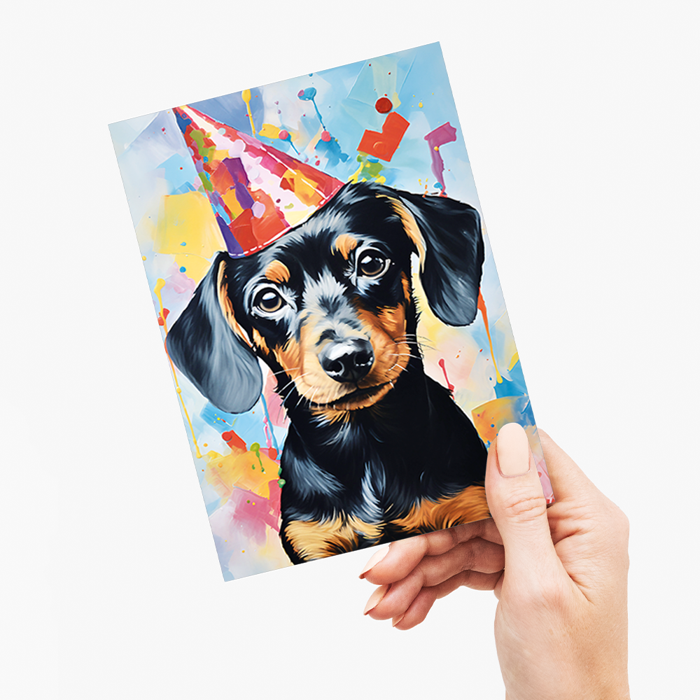 Dachshund wearing a party hat I - Greeting Card