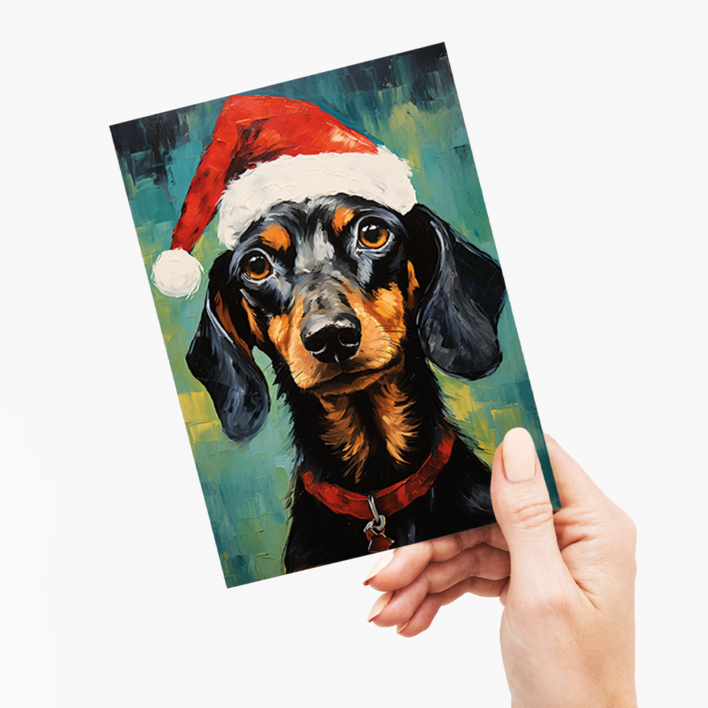 Painting of a dachshund wearing a Christmas hat - Greeting Card