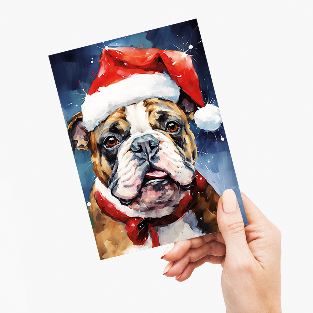 Painting of an english bulldog wearing a Christmas hat - Greeting Card