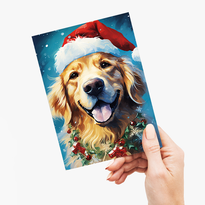 Painting of a golden retriever wearing a Christmas hat - Greeting Card
