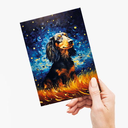 Longhaired dachshund in a weed field  Van Gogh style - Greeting Card