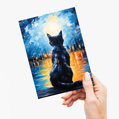 Cat looking over the starry night sky Van Gogh style - Greeting Card