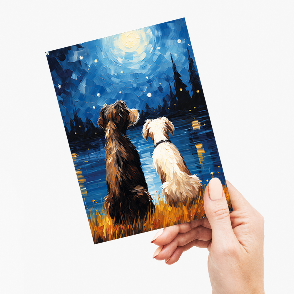 Two dogs looking at the starry night Van Gogh style - Greeting Card