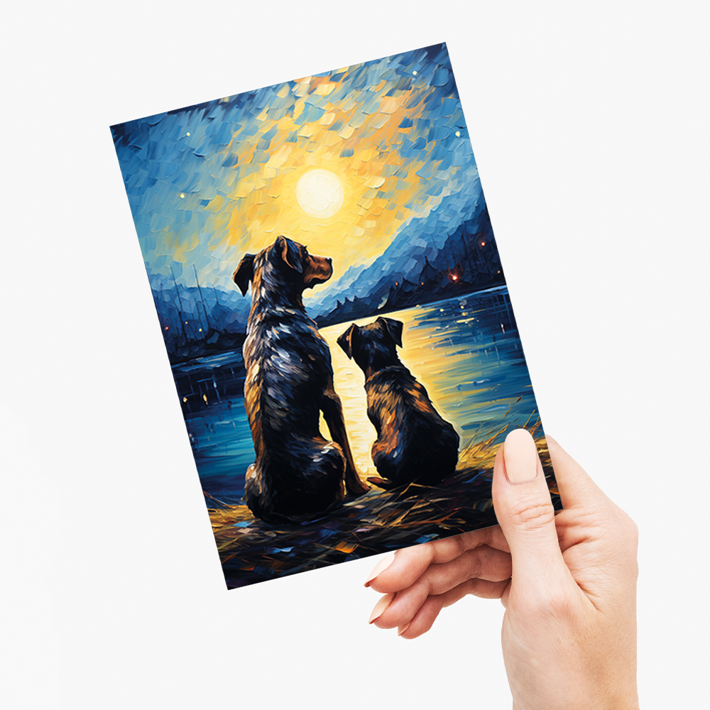 Dog and puppy looking at the starry night Van Gogh style - Greeting Card