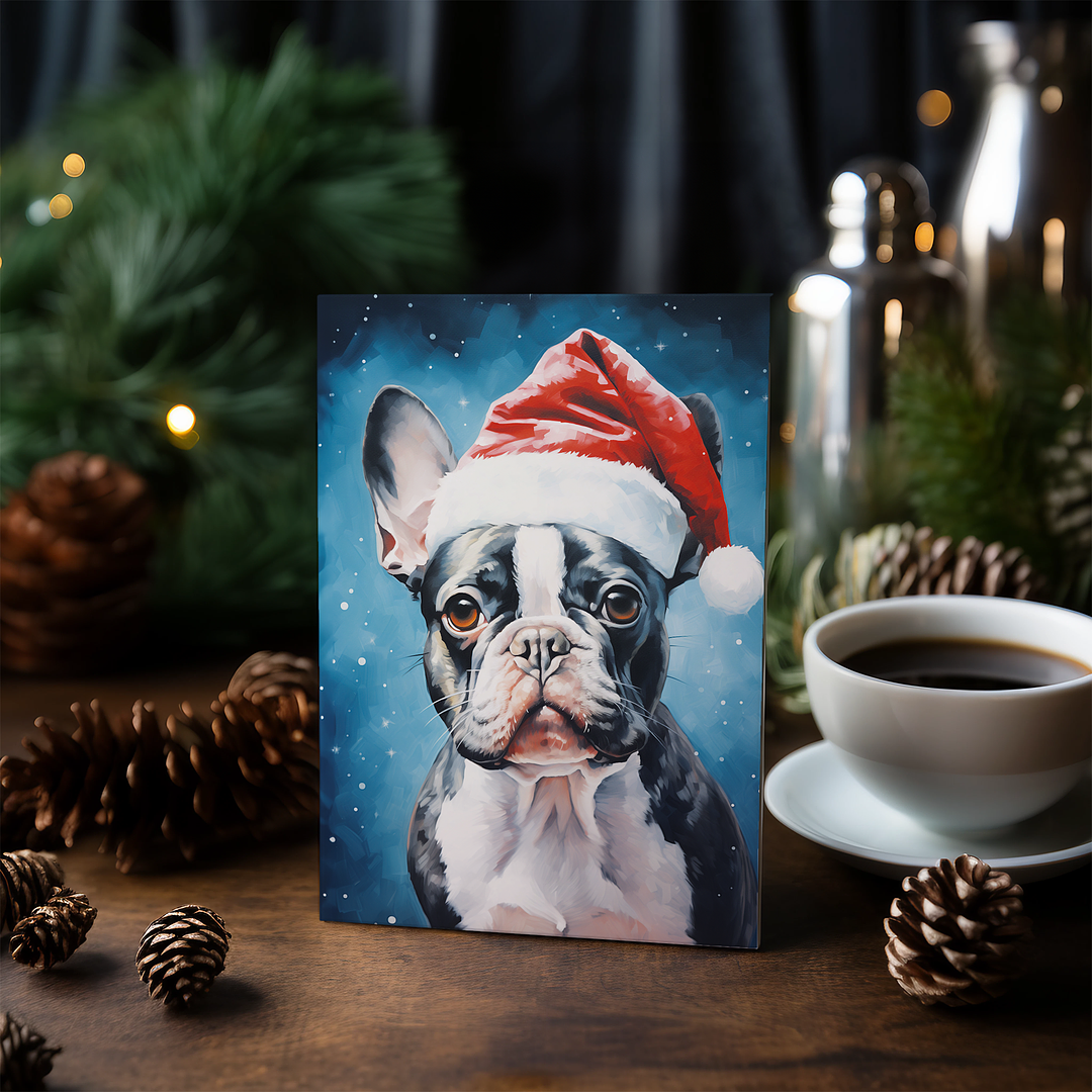 Painting of a french bulldog wearing a Christmas hat - Greeting Card
