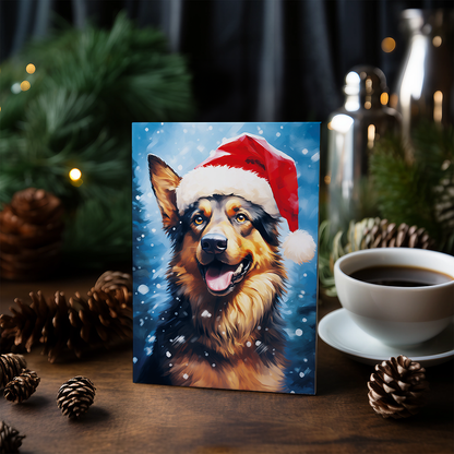 Painting of a german shepherd wearing a Christmas hat - Greeting Card