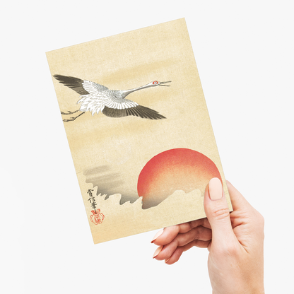 Crane flying at red moon By Kano Tsunenobu - Greeting Card