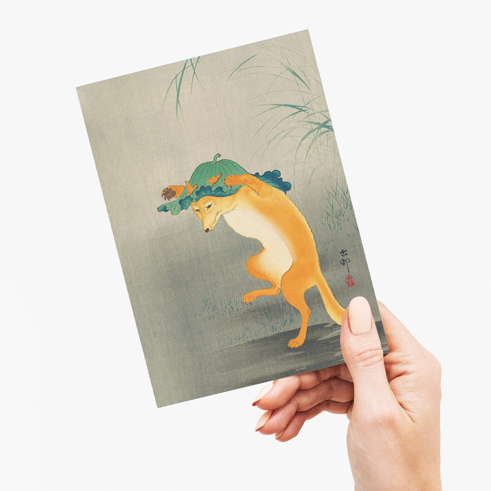 Dancing Fox with Lotus-leaf Hat By Ohara Koson - Greeting Card