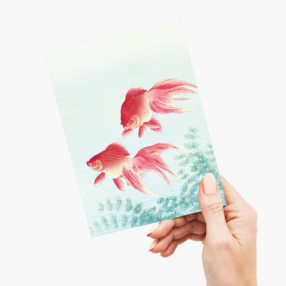 Two veil goldfish By Ohara Koson - Greeting Card