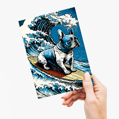 French bulldog surfing on the great wave - Greeting Card