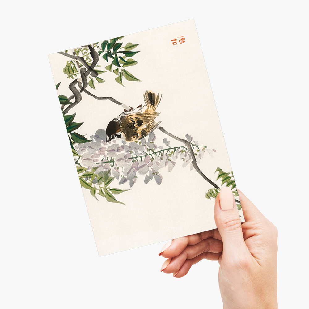 Sparrow on a branch by Kōno Bairei - Greeting Card
