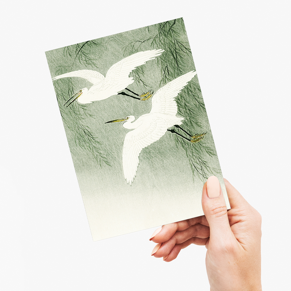 Little Egrets in flight  by Ohara Koson  - Greeting Card