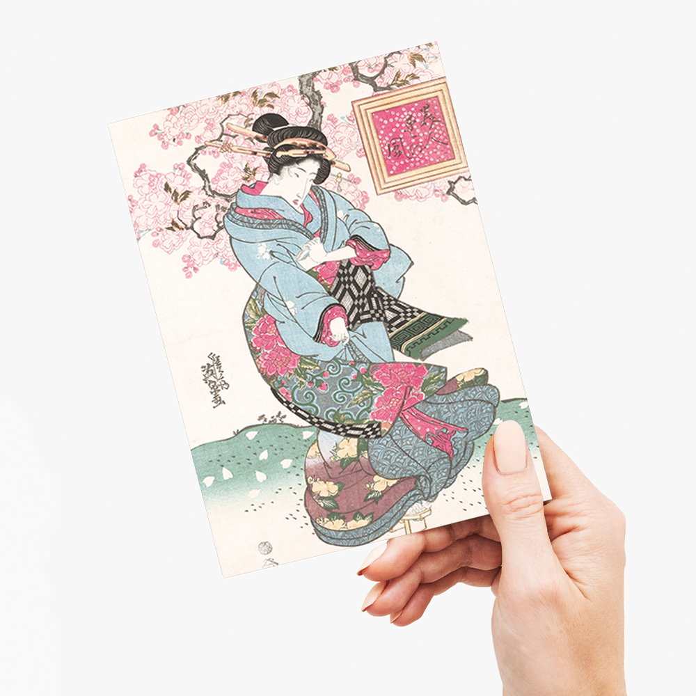 Japanese woman and cherry blossom I by Keisai Eisen - Greeting Card