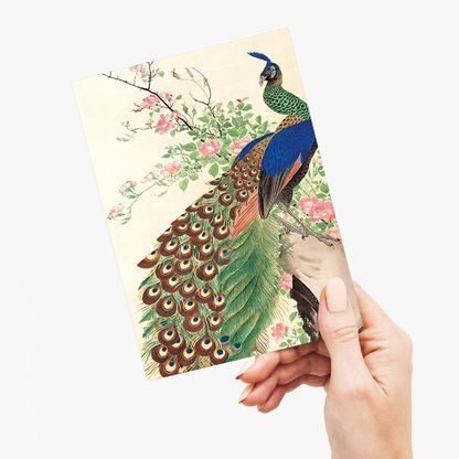 Peacock and flowers by Nagasawa Roshu - Greeting Card