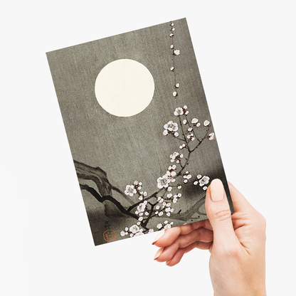 Blooming plum blossom at full moon by Ohara Koson - Greeting Card