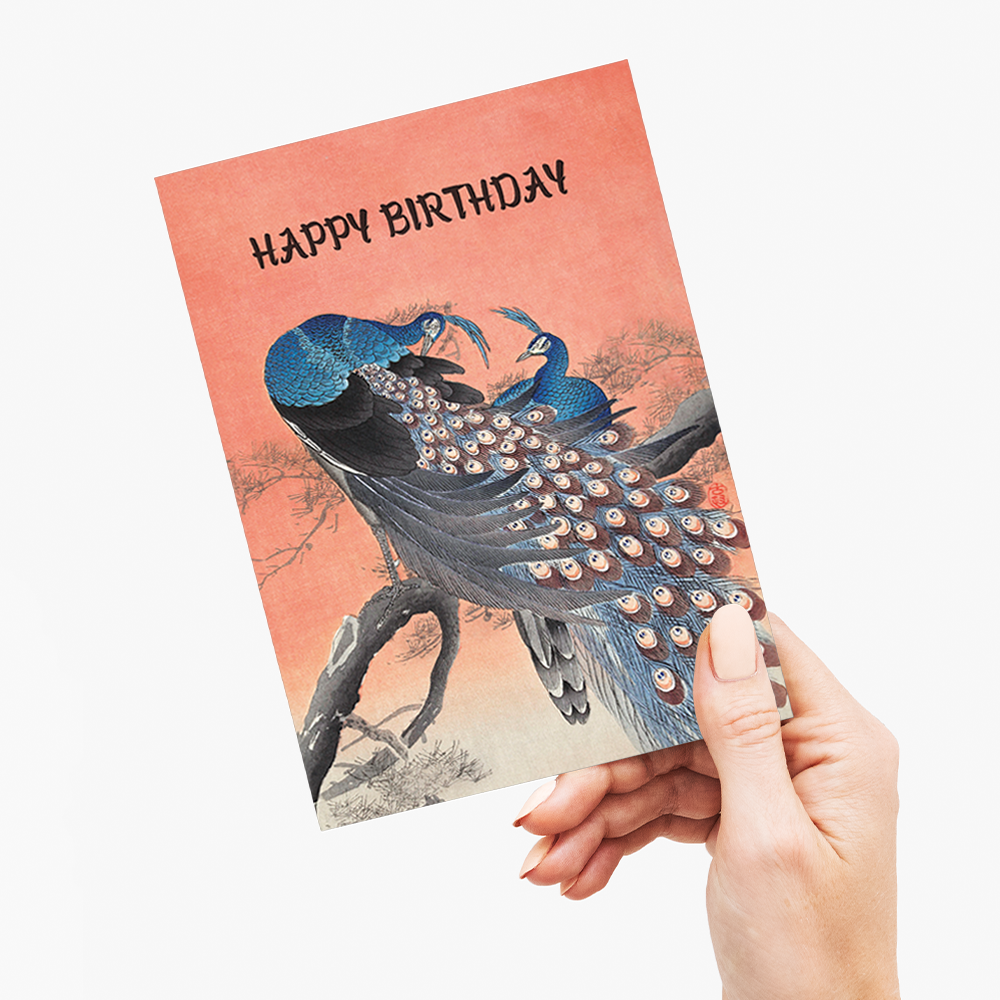 Two peacocks on tree branch (Happy Birthday) - Greeting Card