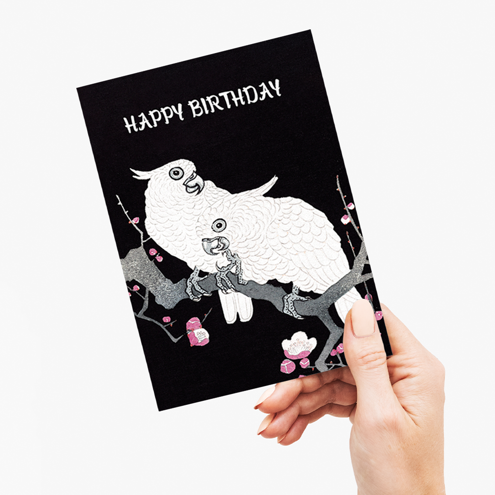 Two Cockatoos on a Branch with Plum Blossom (Happy Birthday) - Greeting Card