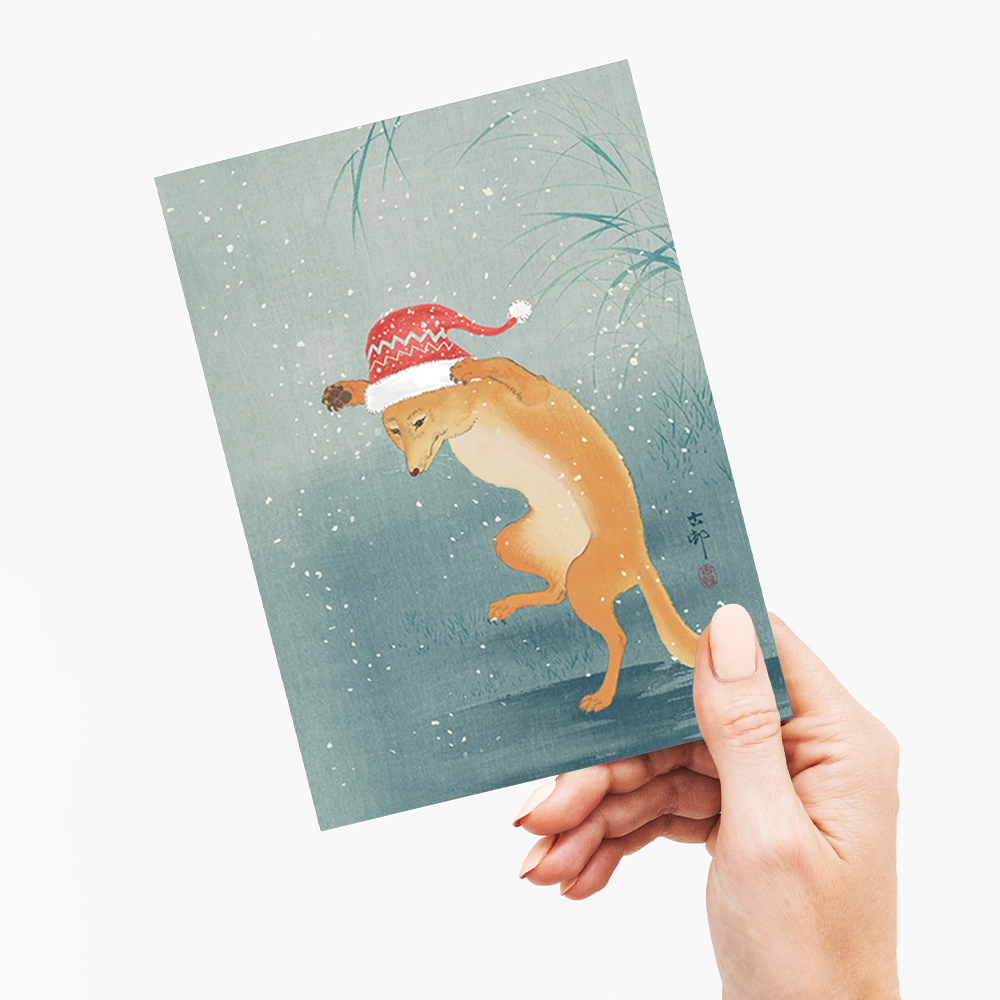 Dancing Fox with a Christmas Hat - Greeting Card