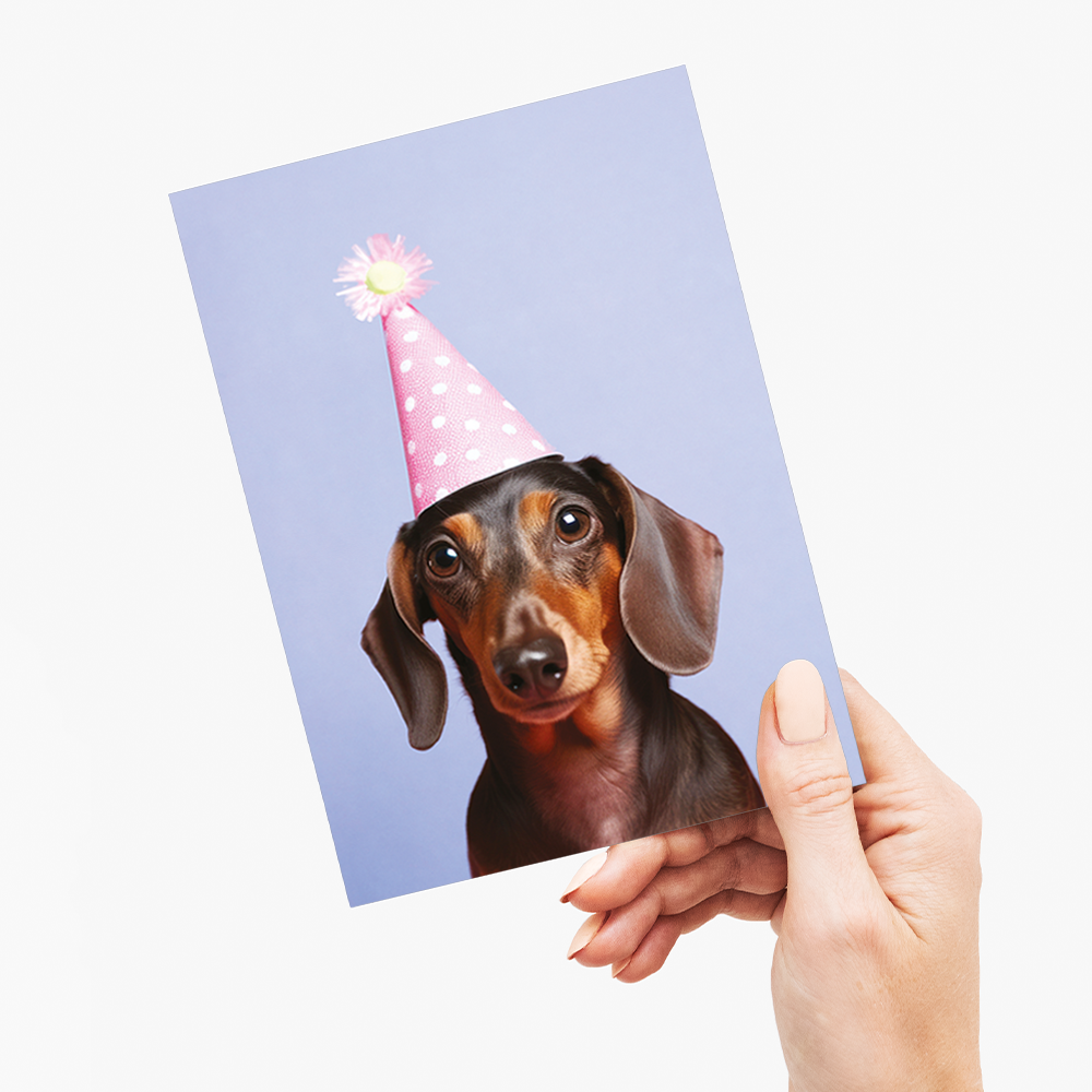 Dachshund with a pink party hat - Greeting Card