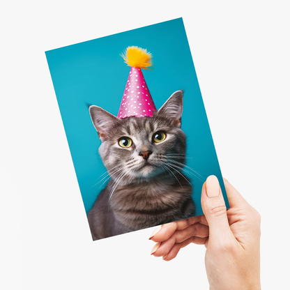 Cat with a pink party hat - Greeting Card