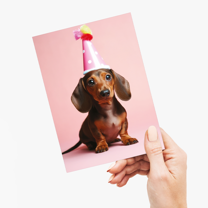 Dachshund puppy with a party hat - Greeting Card