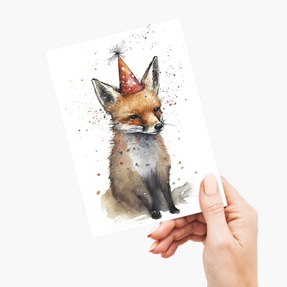 fox wearing a party hat - Greeting Card
