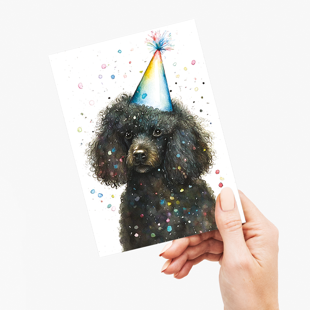 Black poodle wearing a party hat - Greeting Card