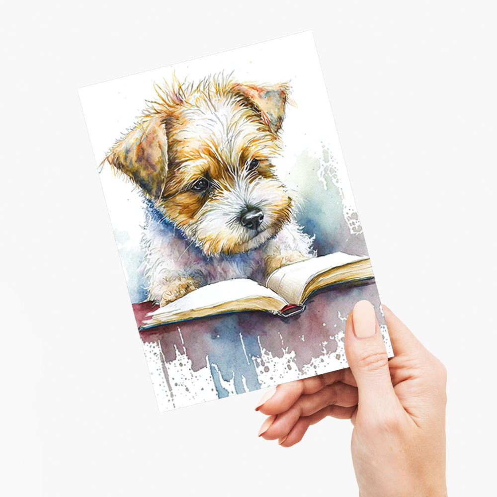 Puppy reading a book - Greeting Card